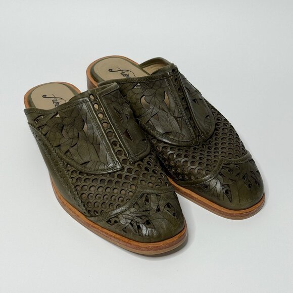 💚 Free People Paramount Olive Green Leather Cutout Mules | Slip-On Mules Women - Picture 4 of 10